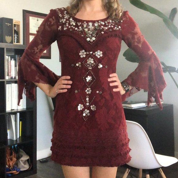 Free People Red Boho Sequin Ruffle Dress - Picture 12 of 16